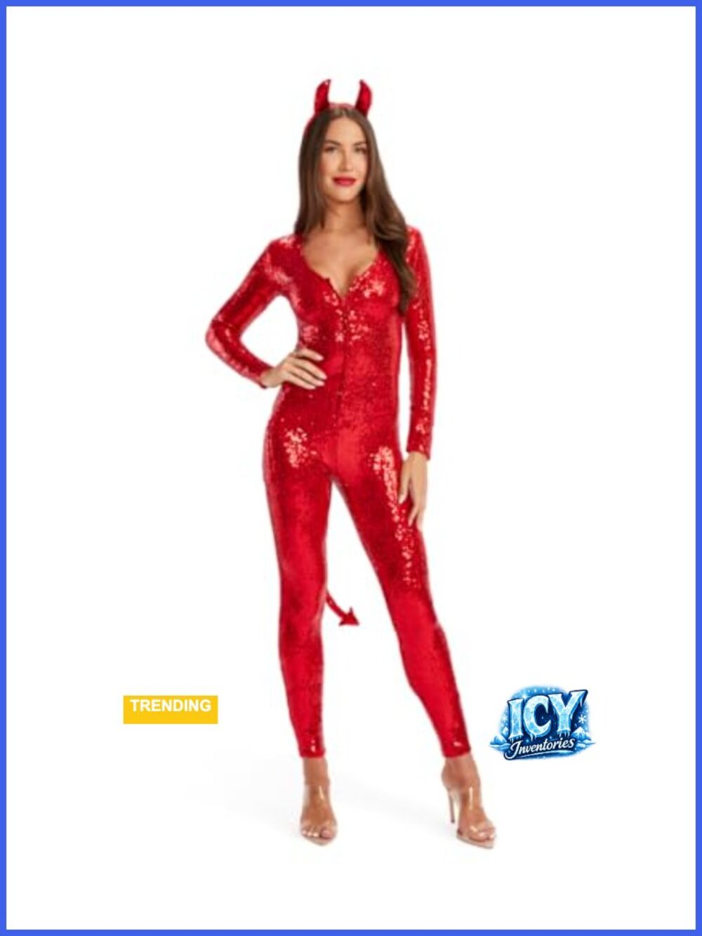 Sequin Devil Bodysuit Costume with Horns Headband for Women